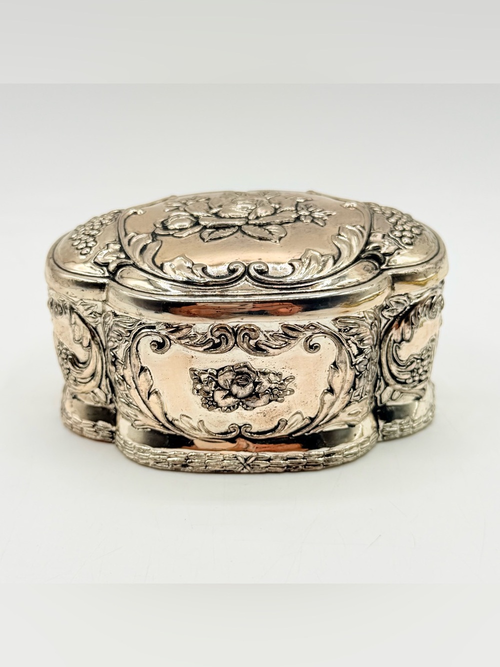 Vintage Style Silver Tone Floral Trinket Jewelry Box Red Velvet Lined